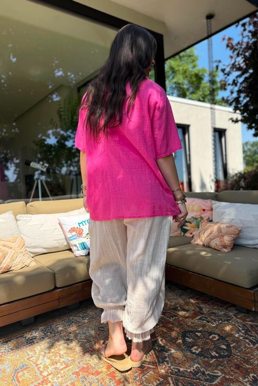 Izi Cheesecloth Button Tee Hot Pink